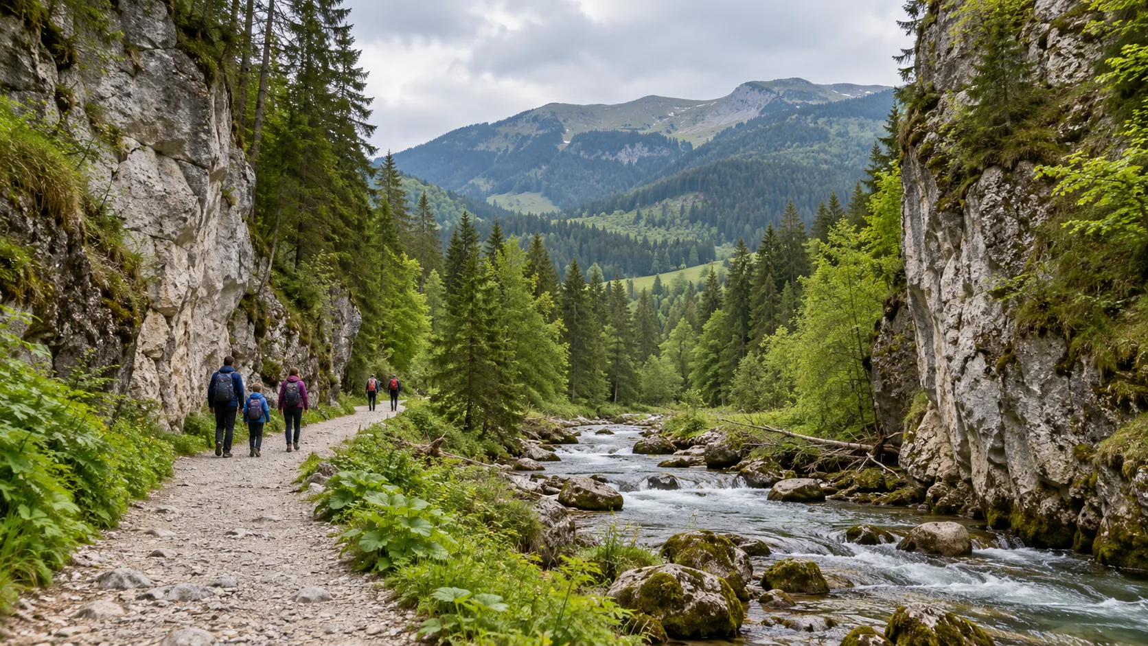 Ilustracja szerokiej doliny z potokiem i wapiennymi skałami