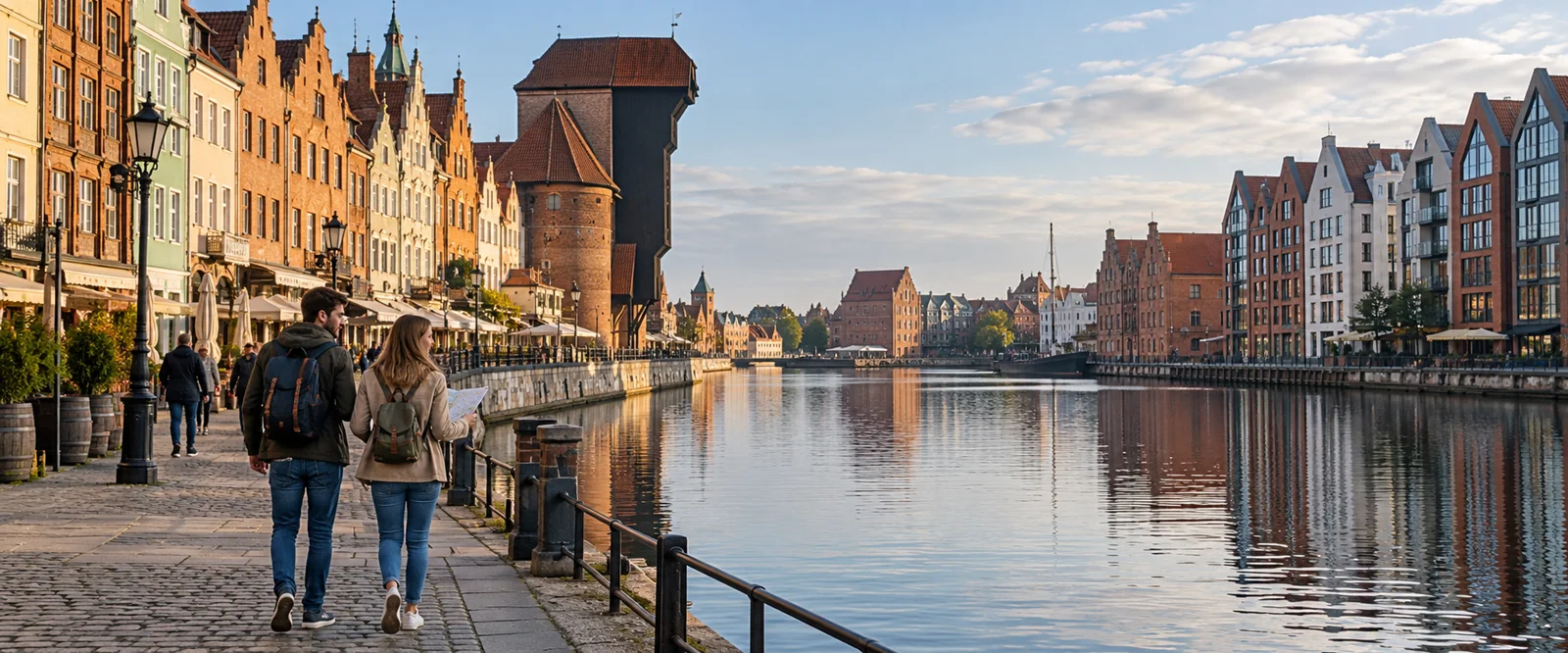 Para z mapą idąca Długim Pobrzeżem nad Motławą w Gdańsku