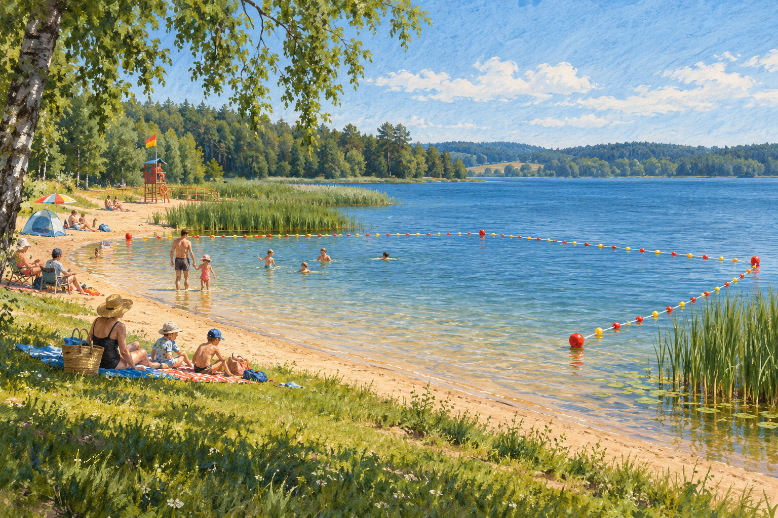 Ilustracja wydzielonego kąpieliska nad jeziorem z bojami i nadzorem nad dzieckiem