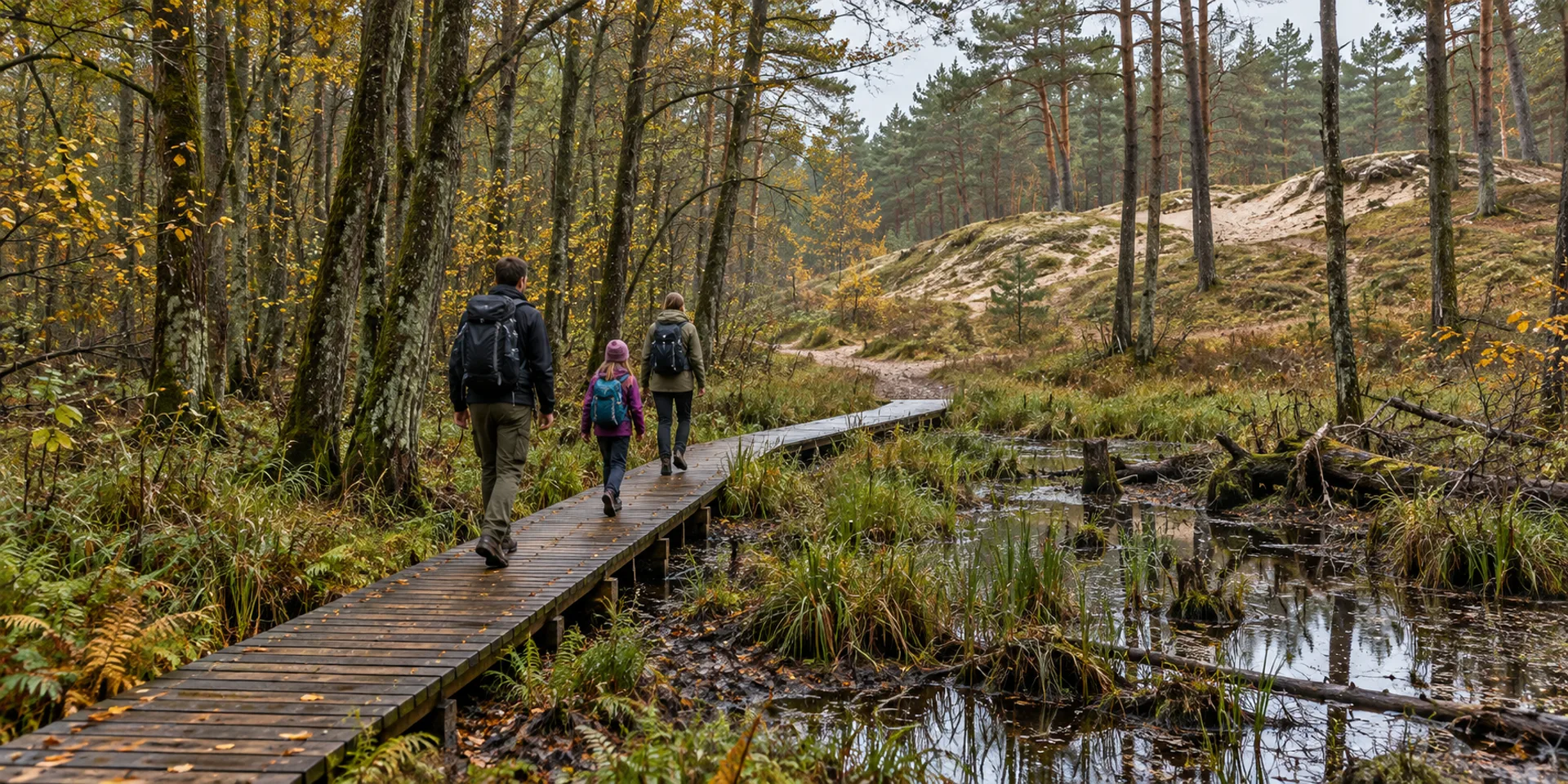 Rodzina idąca wyznaczoną kładką przez nizinny park narodowy