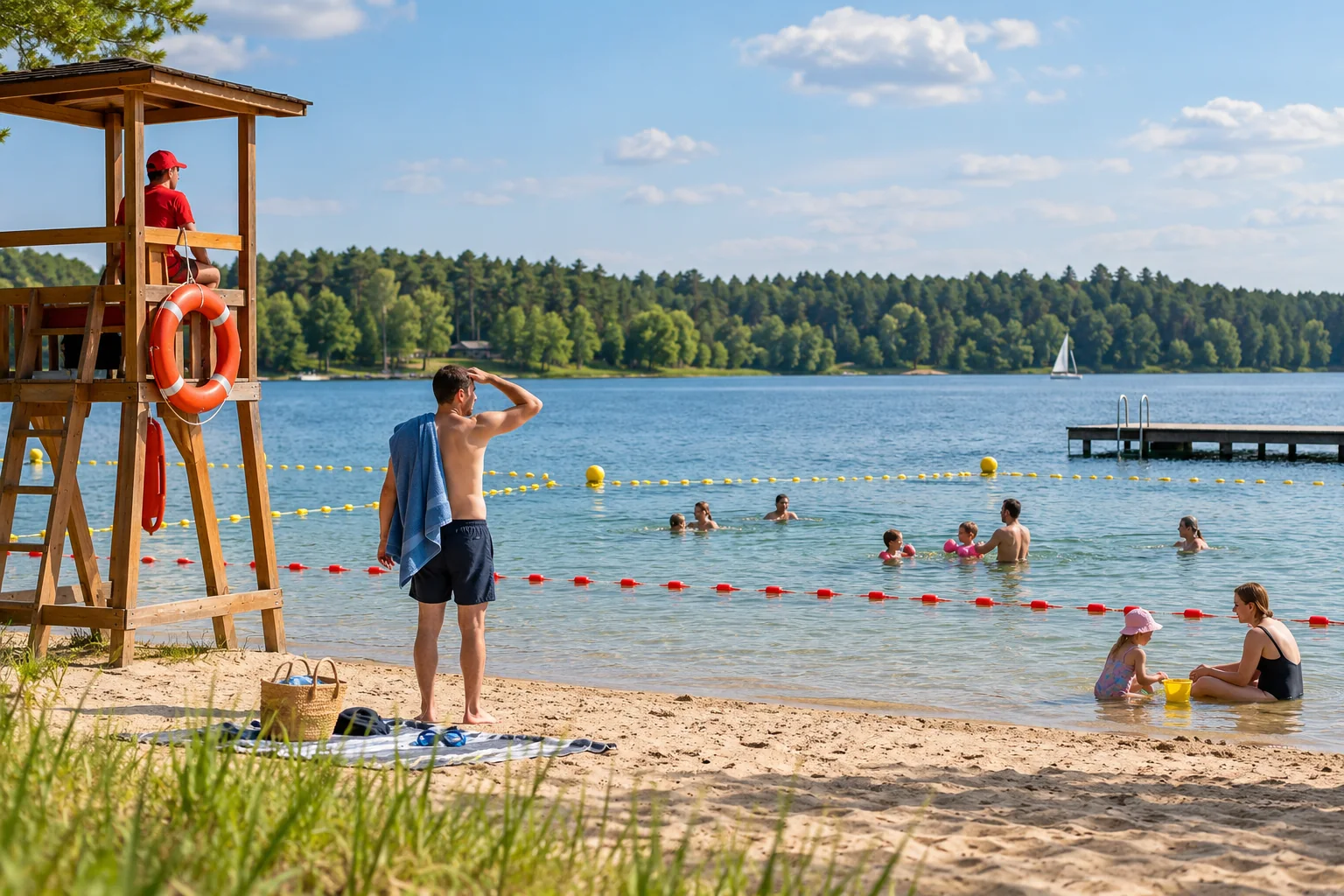 Rodzina przy oznaczonym kąpielisku nad jeziorem z ratownikiem w pobliżu