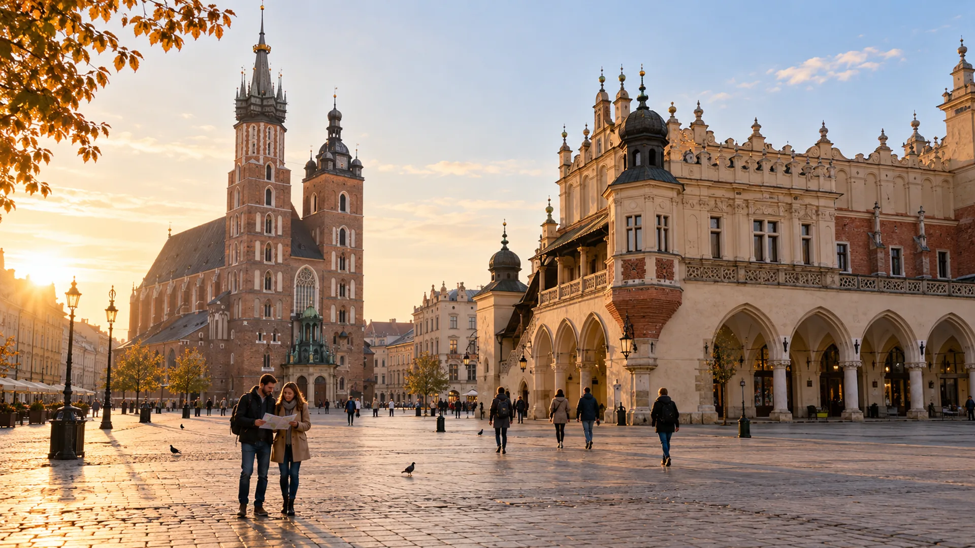 Poranny Rynek Główny w Krakowie z Sukiennicami i kościołem Mariackim