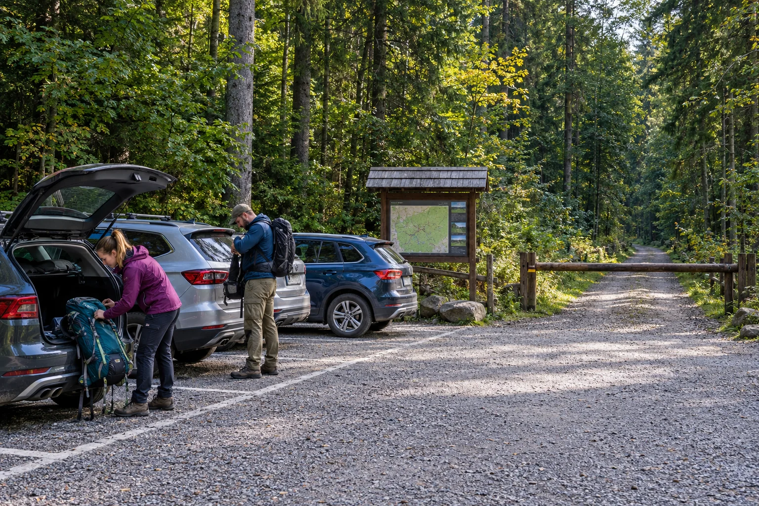 Samochody ustawione na wyznaczonym parkingu przy początku szlaku