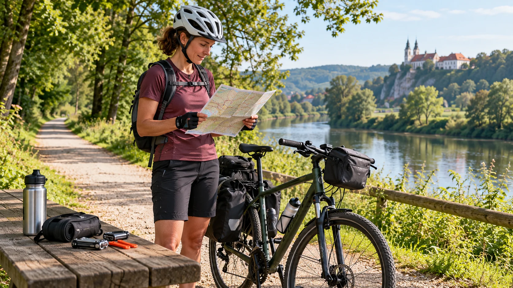 Rowerzyści przygotowujący trasę nad jeziorem