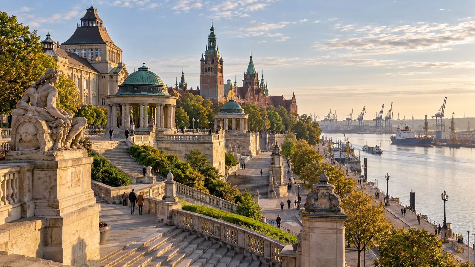 Redakcyjna interpretacja tarasów nad Odrą i portowego Szczecina
