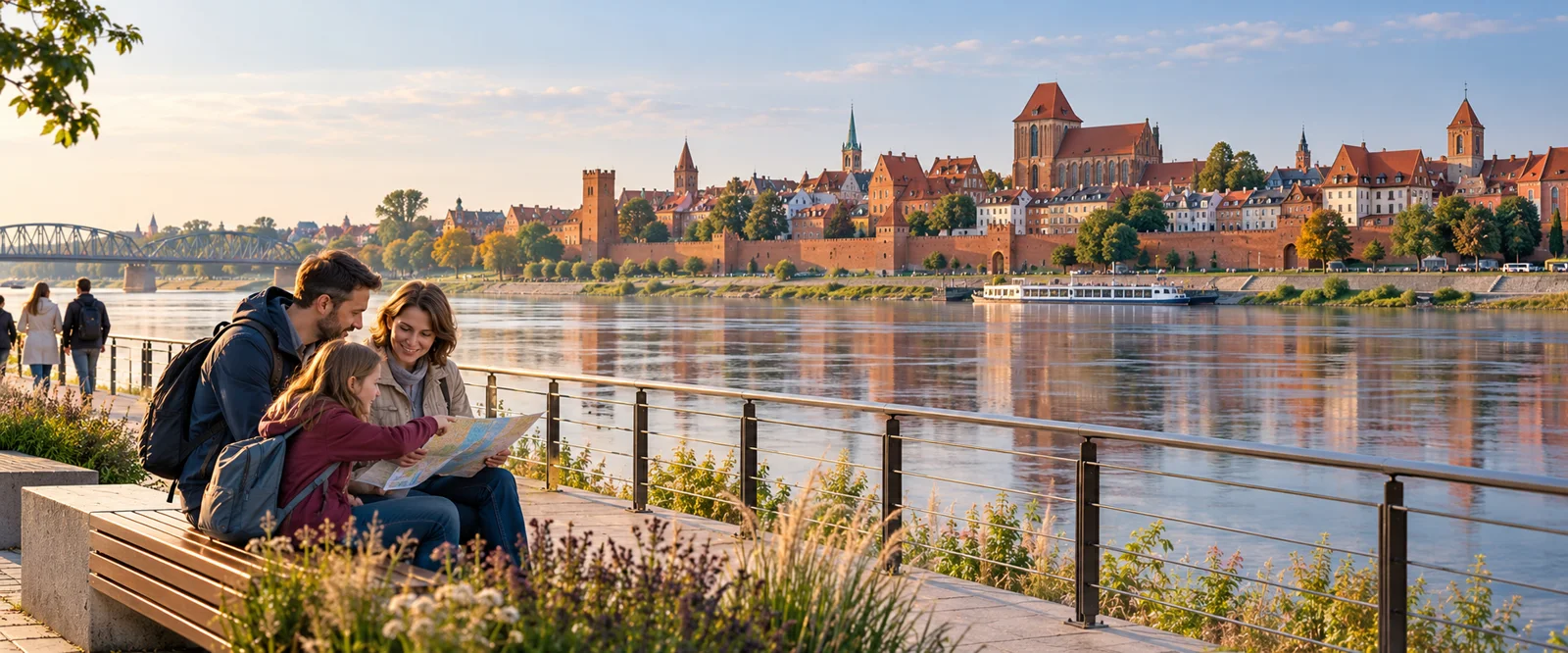 Rodzina z mapą nad Wisłą i gotycka panorama Torunia