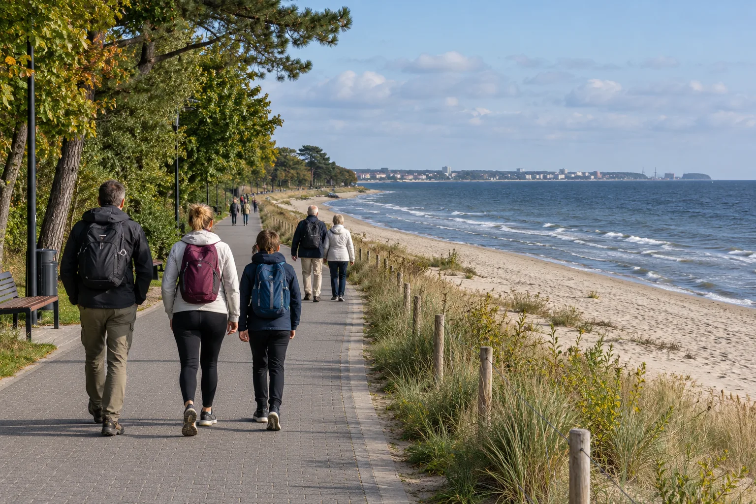 Ilustracja rodziny i seniorów idących nadmorską promenadą obok plaży Zatoki Gdańskiej