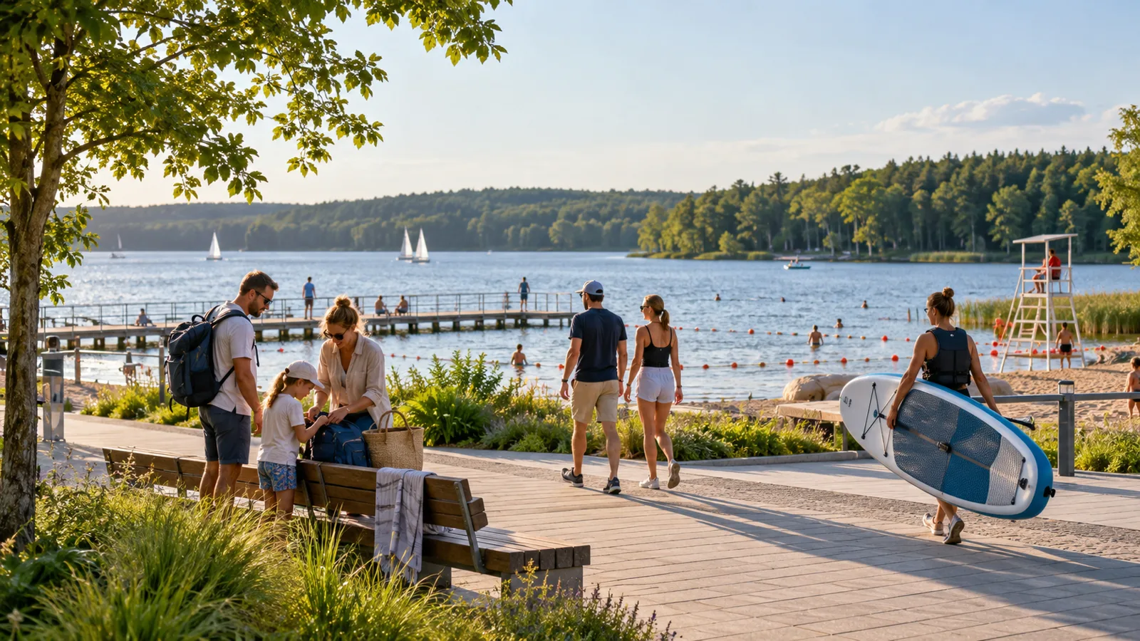 Ilustracja rodziny przygotowującej jedną bazę przy miejskiej promenadzie nad jeziorem i wydzielonym kąpielisku