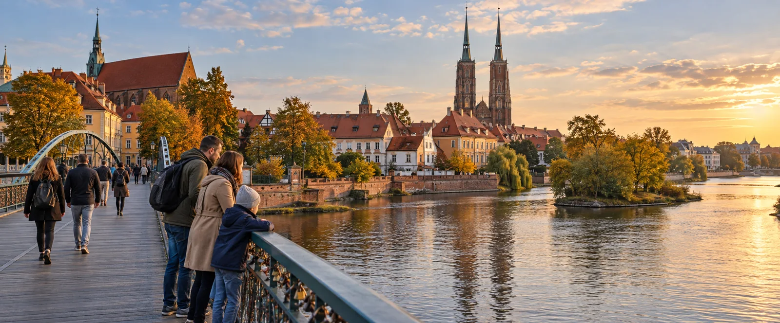 Rodzina na moście nad Odrą z zielonymi wyspami i wieżami Ostrowa Tumskiego