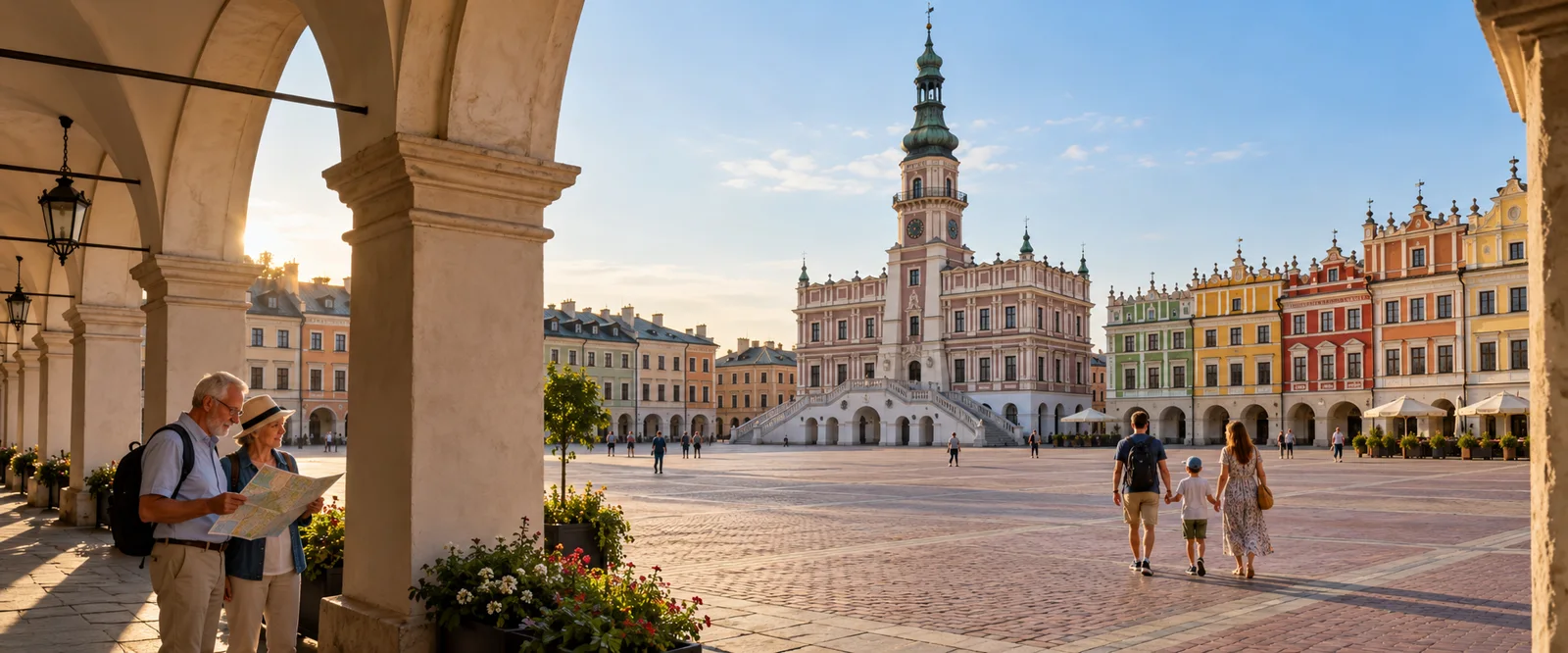 Rodzina i seniorzy na Rynku Wielkim w Zamościu widzianym spod podcieni