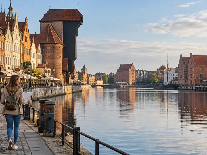 Para z mapą idąca Długim Pobrzeżem nad Motławą w Gdańsku
