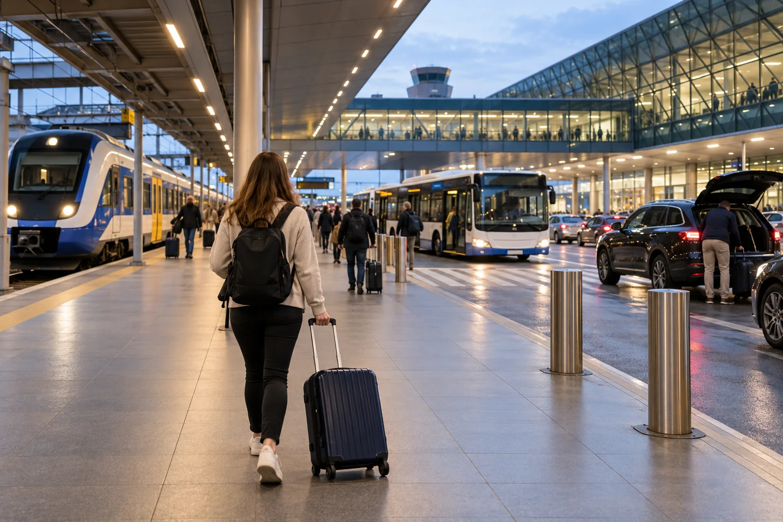 Podróżna wybierająca transport przy terminalu Kraków Airport