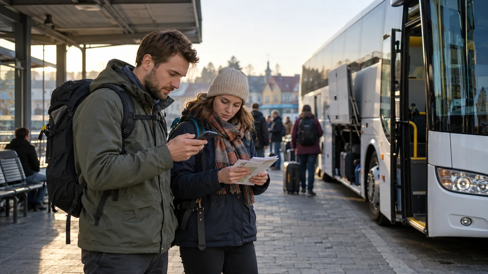 Podróżni sprawdzający plan przy autobusie