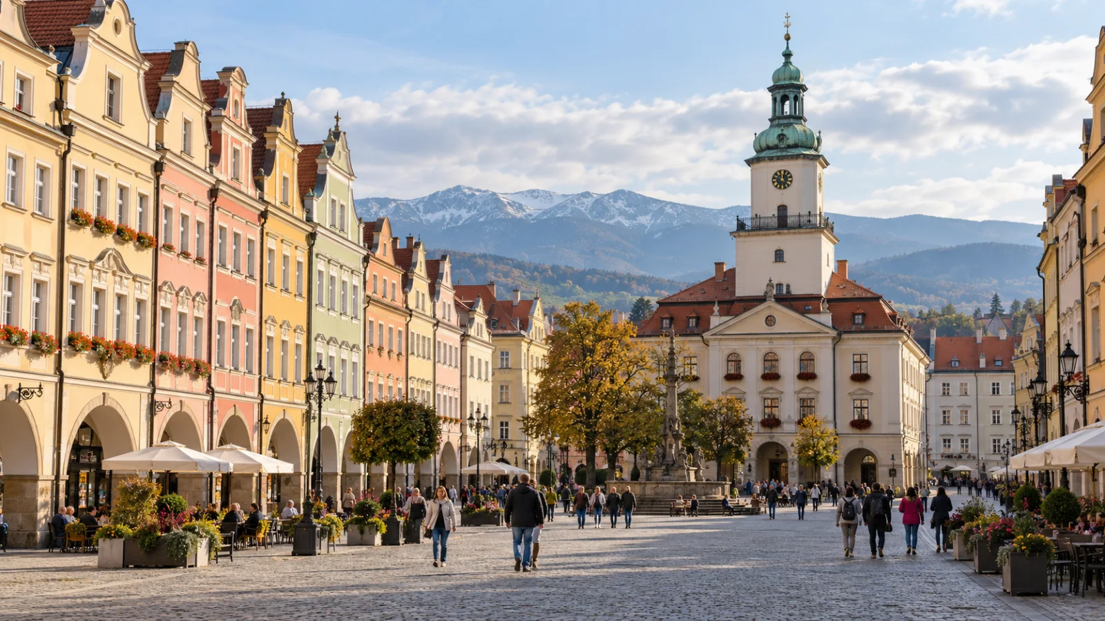 Rynek Jeleniej Góry i pasmo Karkonoszy
