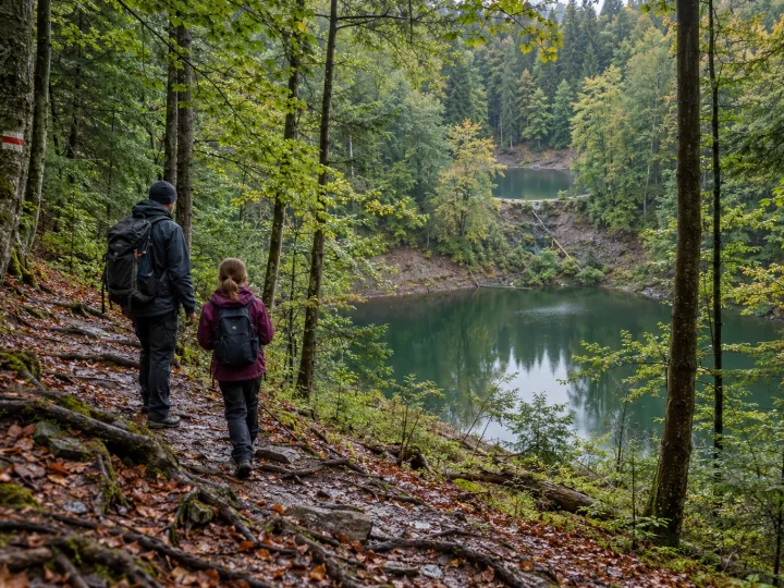 Ilustracja dorosłego i starszego dziecka na mokrym czerwonym szlaku przy dwóch leśnych jeziorkach