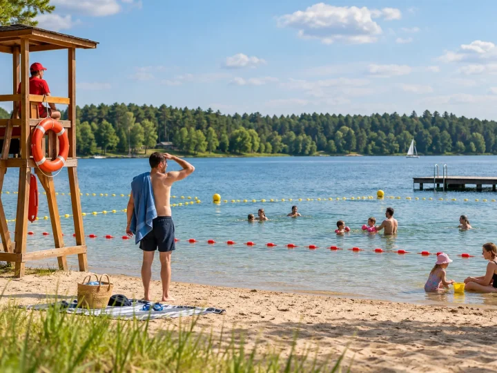 Rodzina przy oznaczonym kąpielisku z ratownikiem w pobliżu