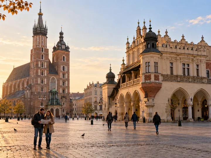 Poranny Rynek Główny w Krakowie z Sukiennicami i kościołem Mariackim