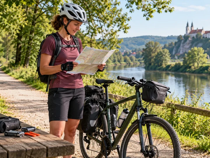 Rowerzystka sprawdzająca mapę przy przygotowanym rowerze trekkingowym