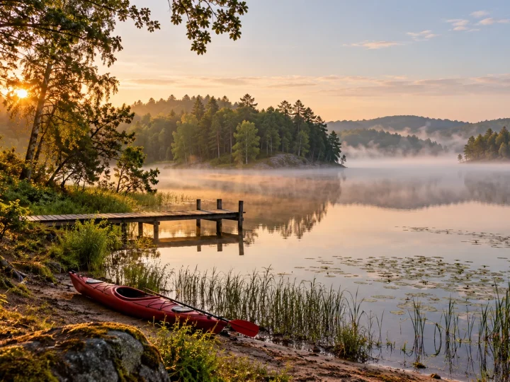 Leśny brzeg jeziora i kajak na Pojezierzu Drawskim