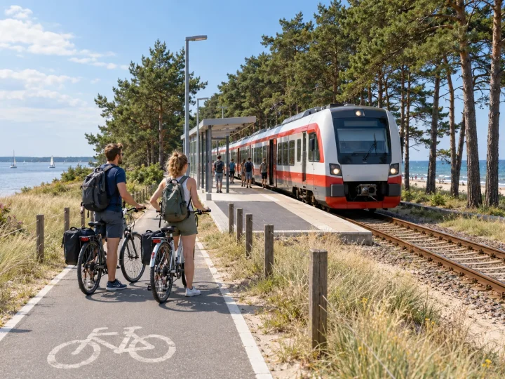 Ilustracja pociągu regionalnego i rowerzystów na nadmorskiej trasie Półwyspu Helskiego