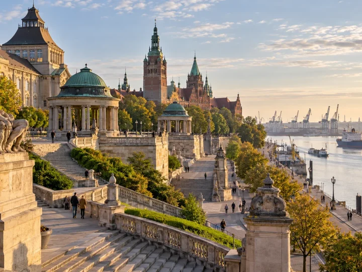 Redakcyjna interpretacja tarasów nad Odrą i portowego Szczecina