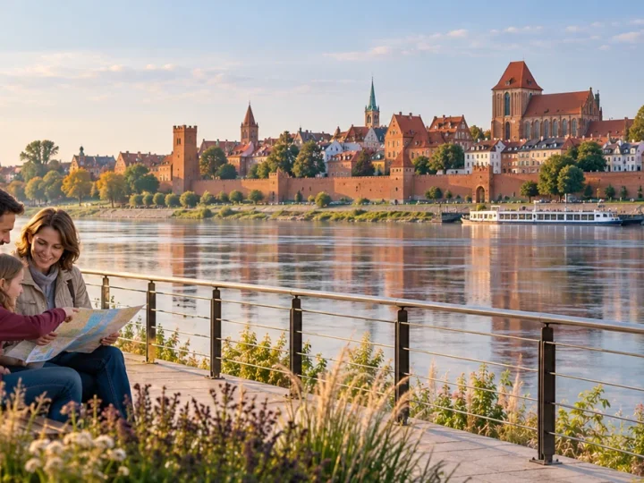 Rodzina z mapą nad Wisłą i gotycka panorama Torunia