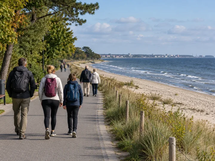 Ilustracja rodziny i seniorów idących nadmorską promenadą obok plaży Zatoki Gdańskiej