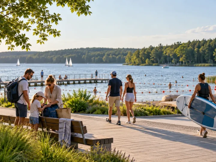 Ilustracja rodziny przygotowującej jedną bazę przy miejskiej promenadzie i kąpielisku nad jeziorem