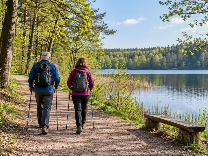 Starsza osoba i bliski idący razem szeroką leśną drogą