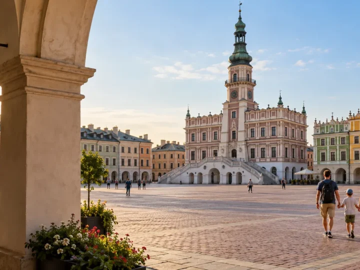 Rodzina i seniorzy na Rynku Wielkim w Zamościu widzianym spod podcieni